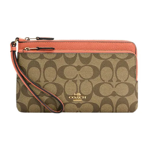 COACH Double Zip Wallet Canvas с Stone кожей Кошелек Женские Khaki Light Coral