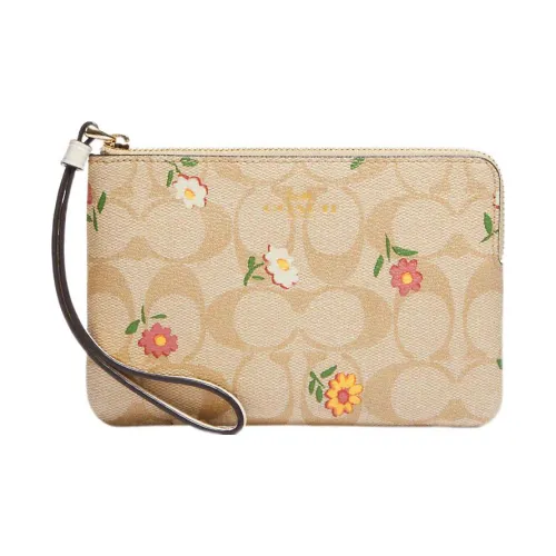 COACH Corner Zip Холст And Гладкая кожа Сумка на запястье Клатч Маленький Женский Светлый хаки