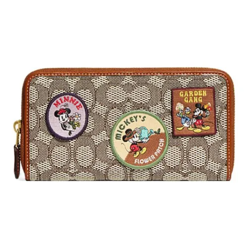 COACH Disney Коллаборация Accordion Zip Жаккардовая ткань Держатель для карт кошелек Женские Коричневый