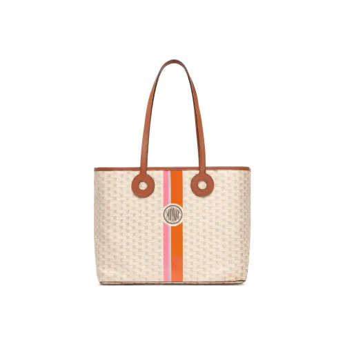 Moynat Toile1920 Холст с кожей Тоут Сумка Сумка для покупок Сумка среднего размера Женская Коричневый Бежевый