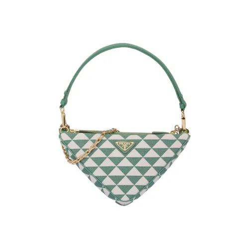 PRADA Треугольник Кожа с Ткань Треугольная Сумка Одно Плечо Сумка Мини Женская Травяной Зеленый Белый
