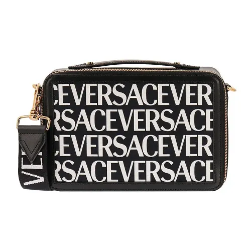 VERSACE Телячья кожа Текстиль Курьерская сумка Сумка для коробок Сумка через плечо Стандартная Мужская Черная Белая