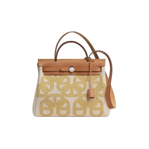 HERMES Herbag Zip Холст с кожей Сумка Сумка через плечо Сумка через плечо Женская Маленькая Fennel и Светлый Бежевый