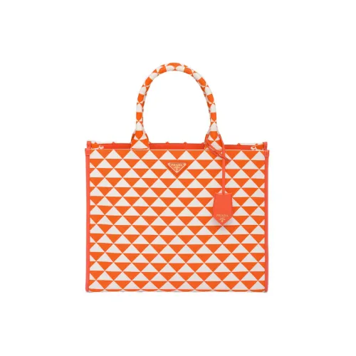 PRADA Ткань с кожаными вставками Тоут Сумка Сумка для покупок Сумка Большая Женская Оранжевая Белая