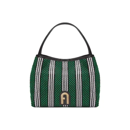 Furla Primula Ткань Хобо Сумка Арбузная Сумка Сумка Сумка через плечо Большая Женская Зеленая и Черно-белая Полосатая