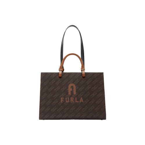 Furla Varsity Style Ткань с покрытием Тоут Сумка Сумка для покупок Сумка на плечо Сумка Большая Женская Кофейная и Коричневая