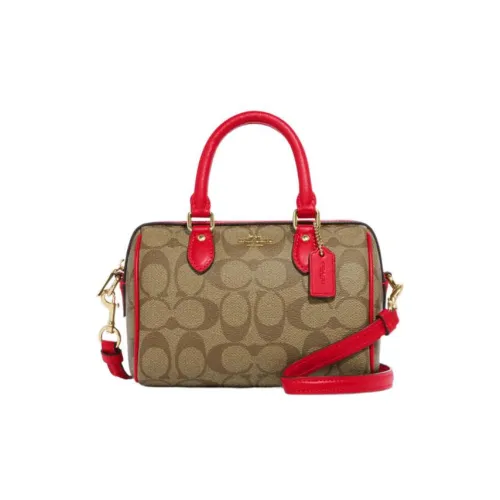 COACH Коровья кожа Одно плечо Сумка Средний Женский Розовый Красный и Коричневый с монограммой