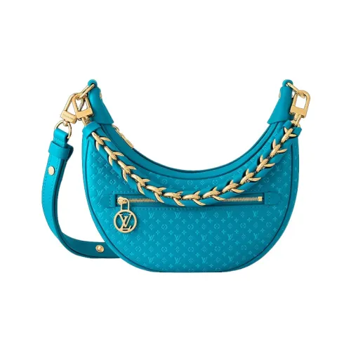 LOUIS VUITTON Loop Монограмма Полный принт с коровьей кожей Полумесяц Сумка Сумка Сумка через плечо Женская Синяя