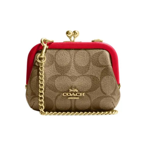 COACH Kisslock Холст и Кожа Сумка через плечо Держатель для карт Кошелек Мини Женский Красный и Коричневый