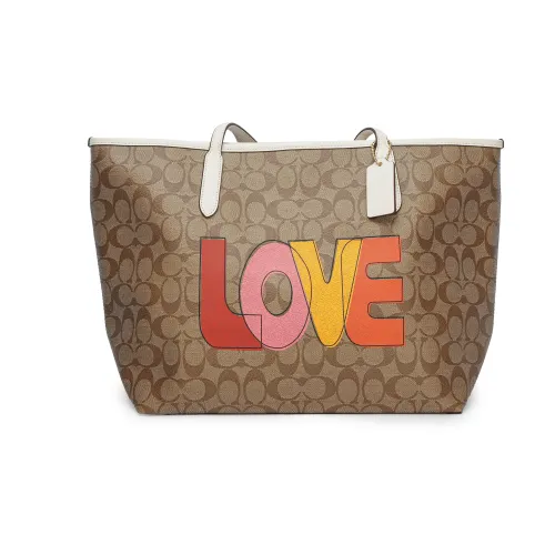 COACH Городская Сумка Tote с Покрытым Холстом и Кожей Сумка для покупок Сумка через плечо Большая Женская Коричневая Монограмма