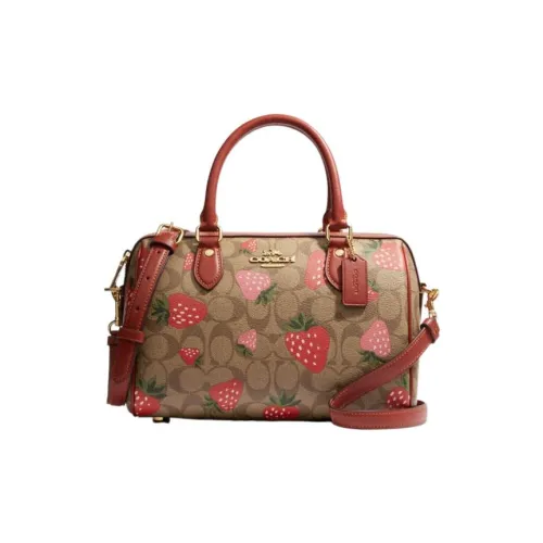 COACH Rowan Покрытый холст с кожаными вставками Сумка через плечо Сумка среднего размера Женская Красная и Коричневая