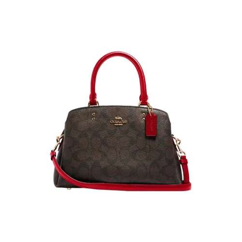 COACH Lillie Холст с покрытием и гладкая кожа детали через плечо сумка мини женская коричневый и красный