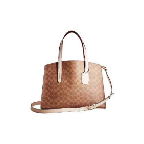 COACH Charlie Покрытый холст с телячьей кожей Тоут Сумка Сумка для покупок Сумка Сумка через плечо Большая Женская Коричневая и Белая