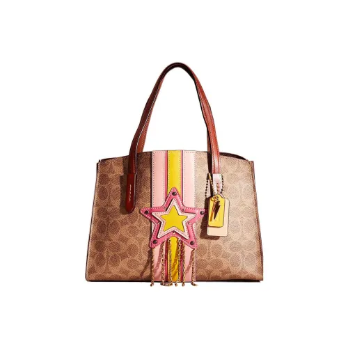 COACH Charlie Покрытый холст с коровья кожа Тоут Сумка Сумка для покупок Сумка на плечо Сумка Большая Женская Коричневая с монограммой