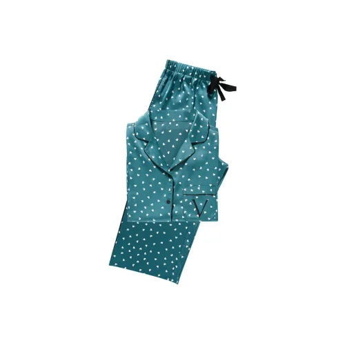 Victoria's Secret Пижамный комплект Утонченный шелковистый дружественный к коже женский зеленый с принтом в форме сердца