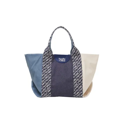 See By Chloe Laetizia Холст Деним And Жаккард Тота Сумка Сумка для покупок Холст Сумка Женская Синяя