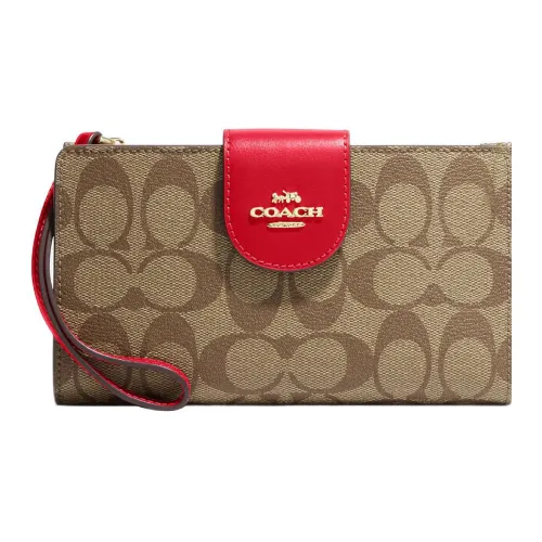 COACH Tech Wallet Холст и Кожа Клатч Держатель для Карт и Кошелек Женские Коричневый и Красный