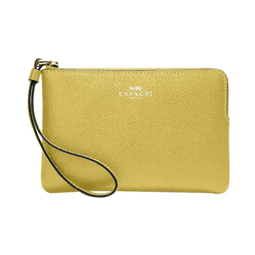 COACH Wristlet Крестообразная текстура Кожа Кошелек Держатель для карт Клатч Запястье Сумка Женская Желтый Зеленый