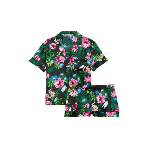 Victoria's Secret Сатин Короткий Комплект Пижам Женские Черный Цветок С Принт