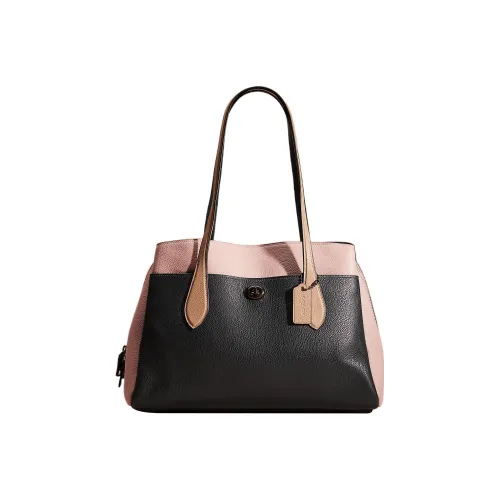 COACH Lora Пеший Кожа Плечевая Сумка Сумка Большая Женская Черная и Розовая