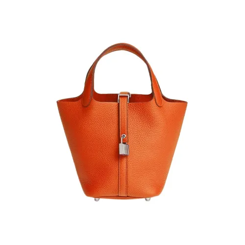 HERMES Picotin Lock Clemence Bullock Кожа Корзина Сумка Ведрообразная Сумка Сумка 18 Женская 9J Feu Пламенный Оранжевый