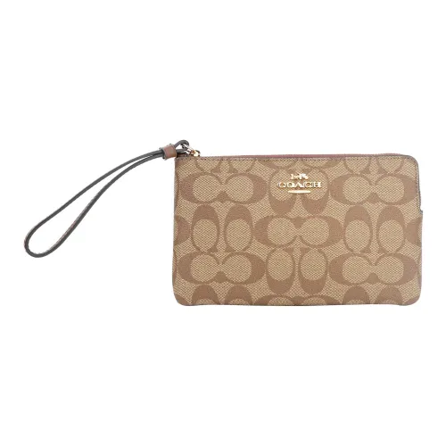 COACH Corner Zip Холст и Кожа Маленькая Сумка-Клатч на Запястье Большая Женская Хаки