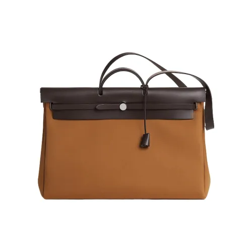 HERMES Herbag Zip Officier Canvas с Hunter Коровья кожа Сумка Унисекс Дюна Желтый Слоновой серый