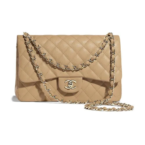 CHANEL Classic Flap CF Крупнозернистая текстура Телячья кожа Сумка через плечо Большая Женская Бежевая