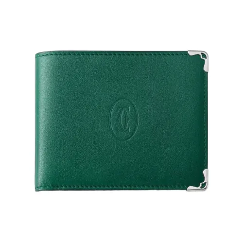 Cartier Кожаные Аксессуары Must De Cartier, Бумажник, 8 Отделений Для Кредитных Карт Телячья Кожа Павлиново-зеленого Цвета, Отделка Из Нержавеющей Стали