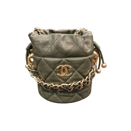 CHANEL 22K Осень и Зима С рельефом Тисненая Телячья Кожа Ведрообразная Сумка Одно Плечо Через Плечо Клатч Женский Оливково-Зеленый
