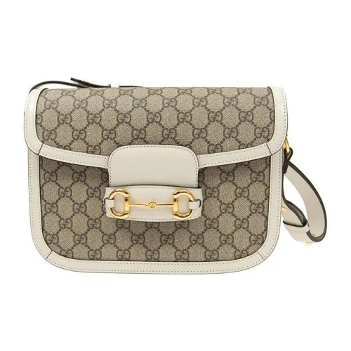 GUCCI Horsebit 1955 Холст с кожей Сумка из холста Седло Сумка Сумки через плечо Сумка через плечо Женская Эбеновый Белый