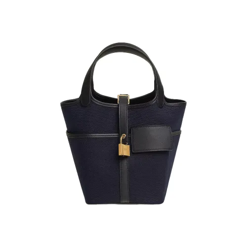 HERMES Picotin Lock Холст Swift Телячья кожа Сумка Унисекс Глубокое море Синий Черный