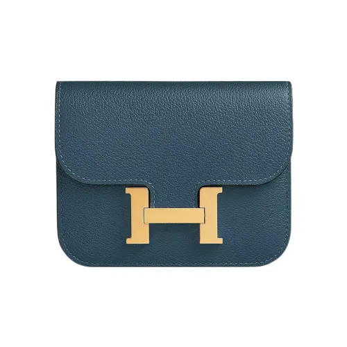 HERMES Constance Slim Evercolor Телячья кожа Кошелек Картхолдер Бананка Женские 7P BLEU DE Prusse Прусский синий