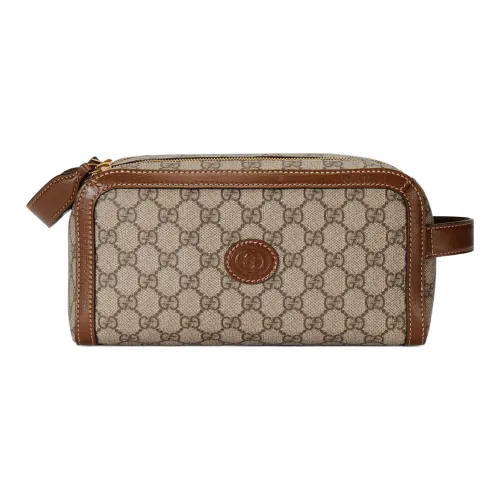 GUCCI Canvas с кожаными вставками обметка клатч сумка для туалетных принадлежностей мужская бежевый эбеновый