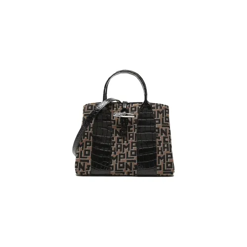 LONGCHAMP Roseau Воловья кожа Пэчворк Холщовая сумка Сумка среднего размера Женская Серый Черный