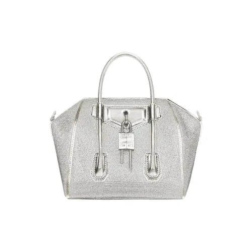 Givenchy Antigona Lock Сатин Телячья кожа Стразы Сумка через плечо Сумка Мини Women's Silver Серый