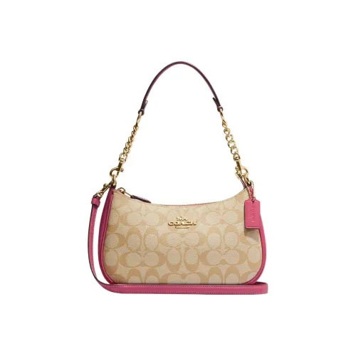 COACH Teri Холст и Кожа Сумка через плечо Седло Сумка Сумка через плечо Средняя Женская Коричневая и Розовая