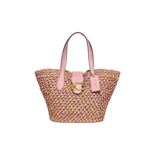 COACH Соломенная плетеная сумка с кожаной вставкой Tote сумка для покупок корзина сумка через плечо женская розовая