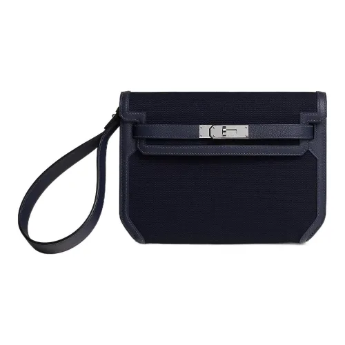HERMES Kelly Depeches Goeland Ткань с Evercolor Телячья кожа Клатч Мужской Морской синий Полночный синий