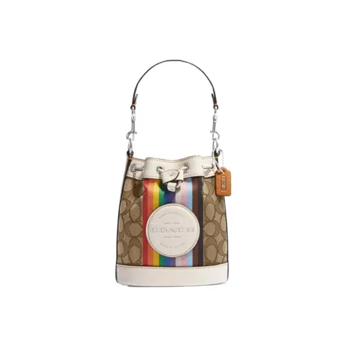 COACH Dempsey Холст и Кожаная Сумка-ведро Сумка через плечо Мини Женский Коричневый и Белый