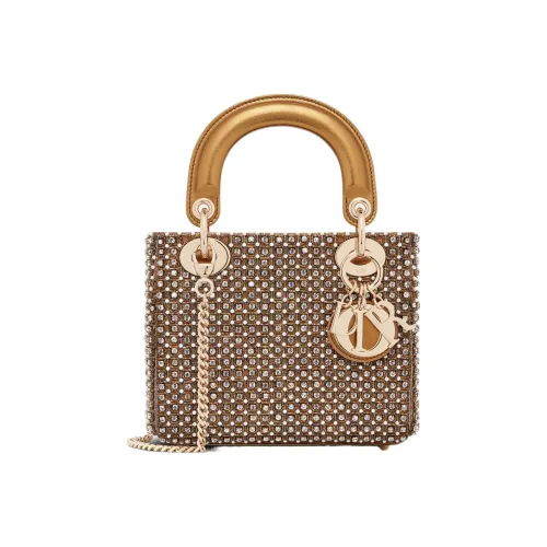 DIOR Lady Dior Искусственный кристалл Вышивка Сумка через плечо Сумка Мини Женская Золотая