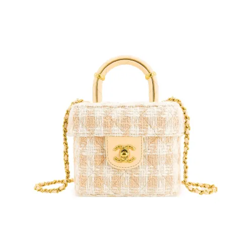 CHANEL Lambskin Tweed Portable Single Shoulder Crossbody Makeup Bag Small Women's Orange White CHANEL Овечья шкура Твид Портативный Одно плечо Через плечо Косметичка Маленькая Женская Оранжевый Белый