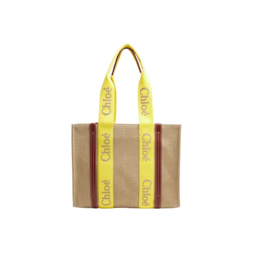 Chloe Woody Linen Canvas Calfskin Canvas Tote Bag Shopping Bag Medium Women's Yellow