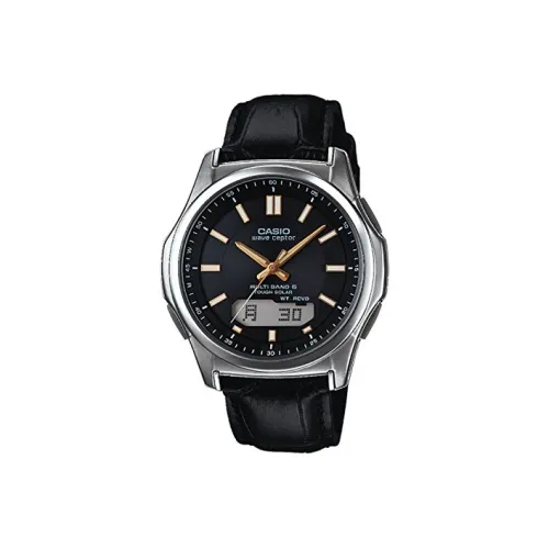 CASIO General Watch Wave Ceptor Collection Солнечный Кварцевый механизм Коровья кожа Ремень Часы Мужские Черный циферблат