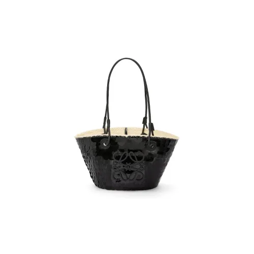 LOEWE Anagram Basket Блестки Irica Palm Fiber Корова Кожа Сумка через плечо Женская Черная