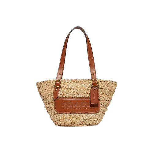 COACH Соломенная плетеная сумка с кожаной вставкой Tote сумка для покупок сумка через плечо женская коричневая