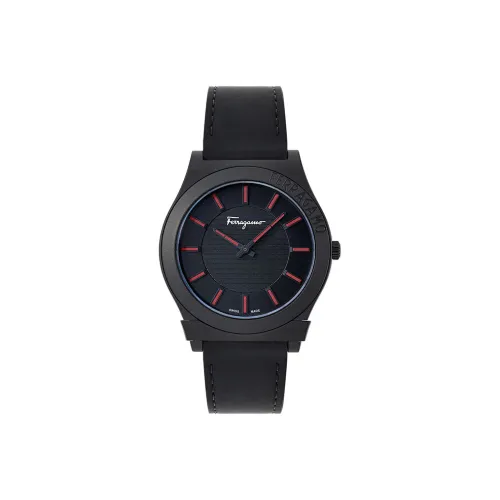 FERRAGAMO Мужские часы Кварцевый механизм Естественная кожа Ремешок 41 мм Черный циферблат