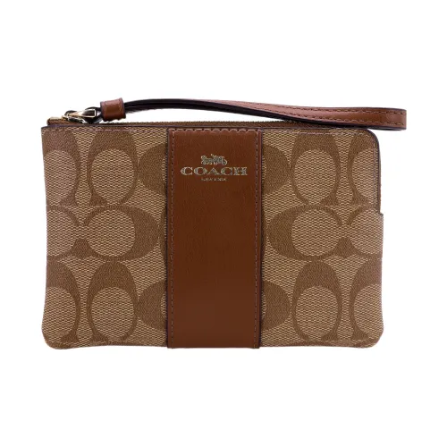 COACH Corner Zip Монограмма Холст и Кожа Запястье Сумка Кошелек для Монеты Клатч Женский Коричневый