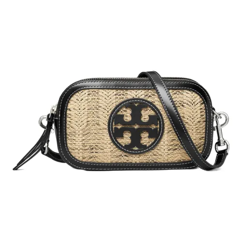 TORY BURCH Miller Linen Woven Leather Trim Crossbody Mini Shoulder Bag Women's Black
