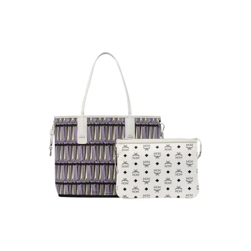 MCM Liz Visetos Ткань + Искусственная кожа Комбо Сумка Тоут Сумка Сумка для покупок Сумка через плечо Средняя Женская Белая